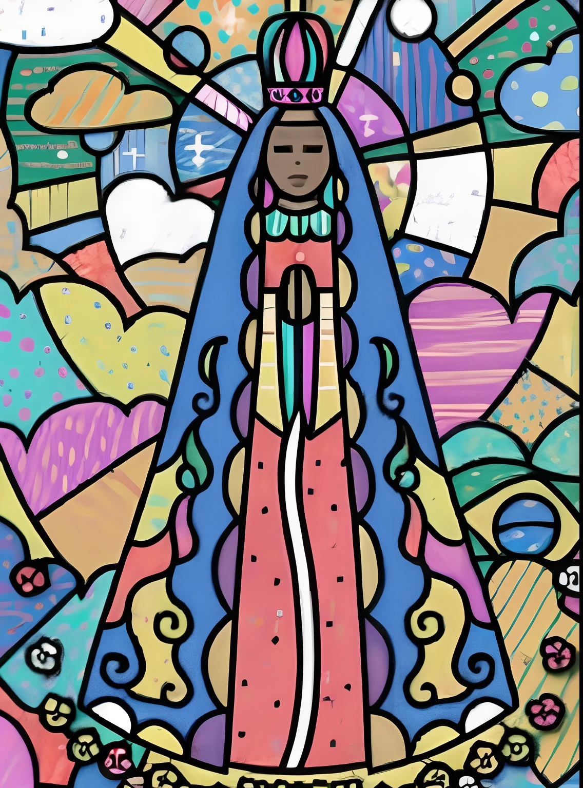 um desenho de uma mulher em um vestido colorido com uma coroa, padroeiro do 🛸🌈👩🏾, Virgem Maria, inspired by Angel Botello, Directed by: Romero Britto, inspirado em Pacita Abad, Directed by: Pacita Abad, Directed by: Joe Mangrum, queen of heaven, iconografia religiosa, colorido em, inspirado em Romero Britto, arte dos vitrais