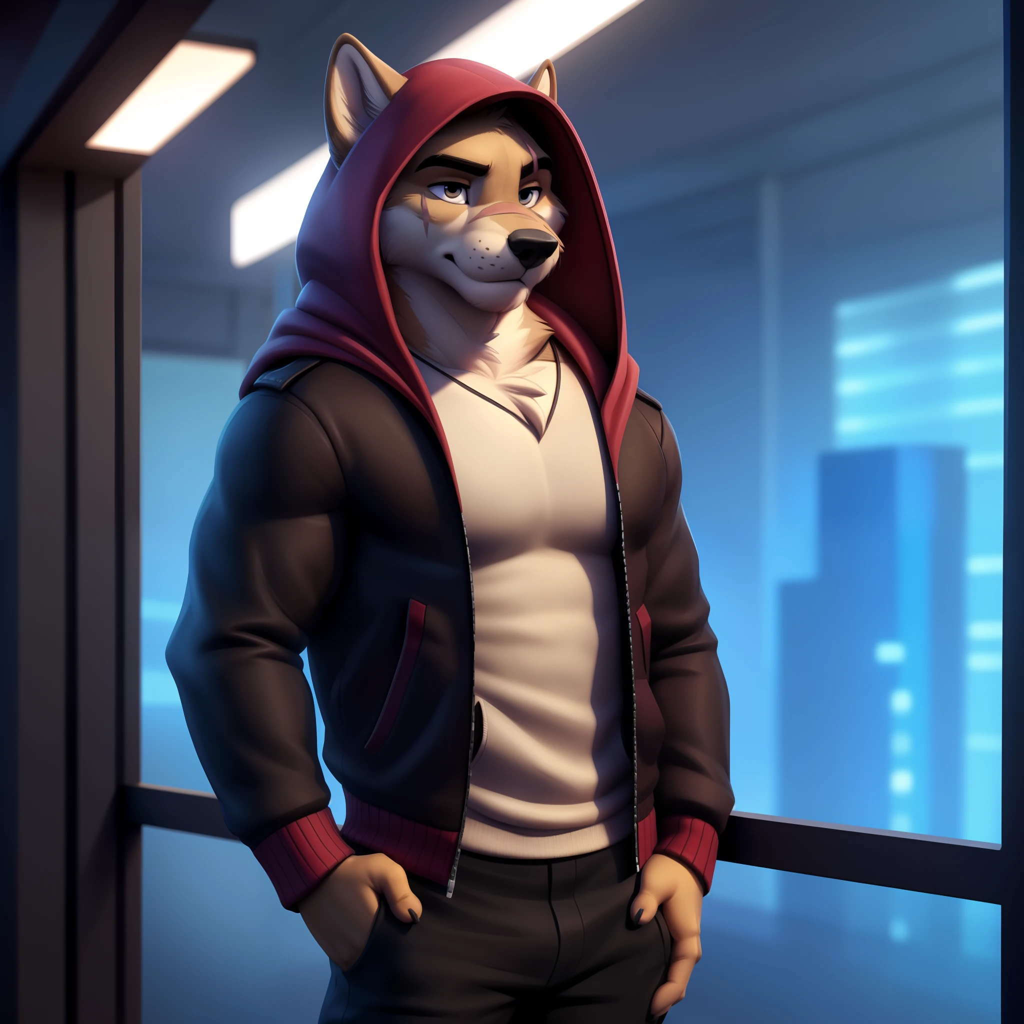 cooper krager, solo, scar on face, (pose), (posing), (soft shading), 4k, hi res, ((detailed face, detailed eyes, detailed)), (full body), by zackarry911, by zaush, (by personalami:0.5), solo, shirt, 1boy, jacket, upper body, male focus, open clothes, hood, hooded jacket, pectoral cleavage, science fiction, futuristic city, hand on hip, black shirt 3D