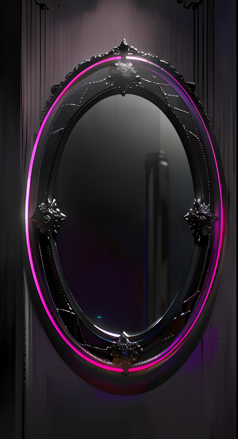 Best quality, ultra high res, (photorealistic:1.4), hdr, hyperdetailed. Black lace thin oval mirror with long frame. Thin frame. Thin border. Overall darkness. Reflect darkness. Oval. Long ellipse. Leather. Modern design. Frontal view. Pink neon tube.