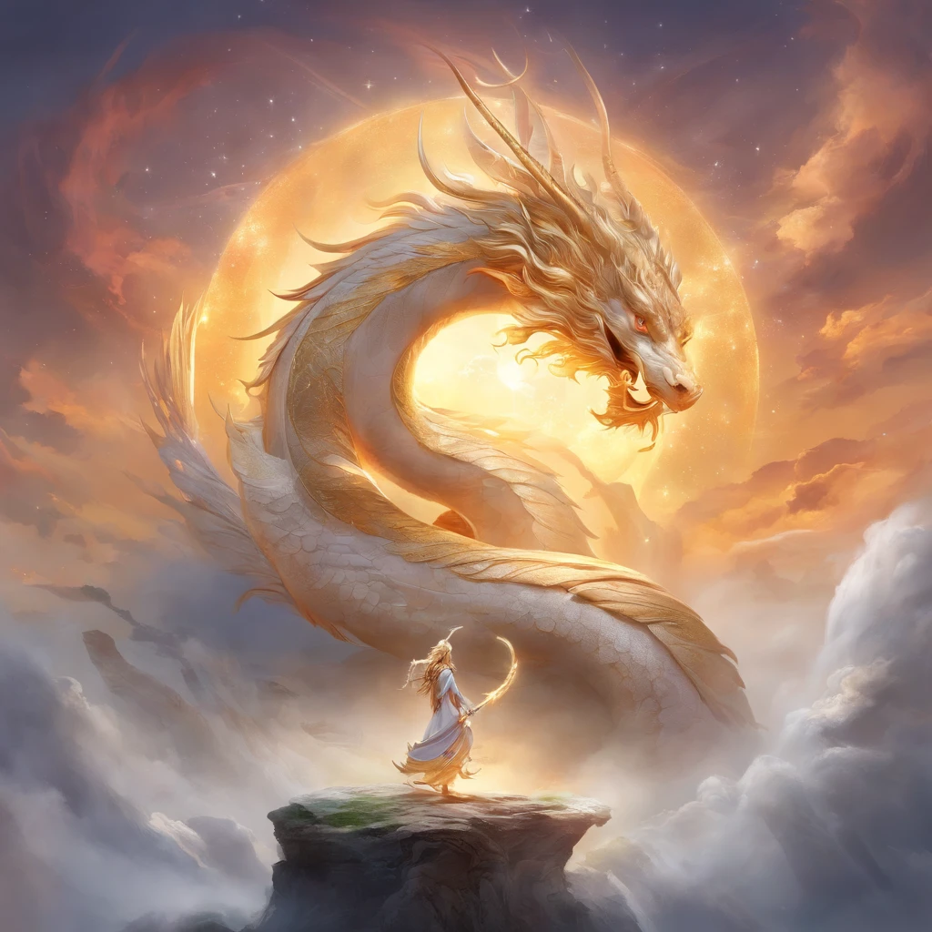 A princess in full Tang Dynasty regalia, dressed in white, stands in front of a large dragon god in a vast divine palace, her hand holding a dragon orb.