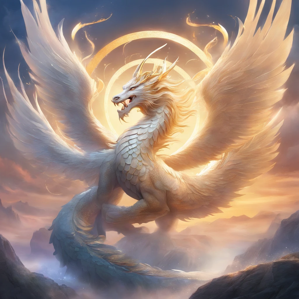A logo、masterpiece、(white backgrounid:1)、Golden Chinese dragon surrounded by white clouds、Deities々Halo、the wind、Deities、long wavy body、tusk、The upper part of the body、Fantasia、myth、hightquality、ighly detailed、masterpiece、epic poem、Particle effect、Dynamic effects