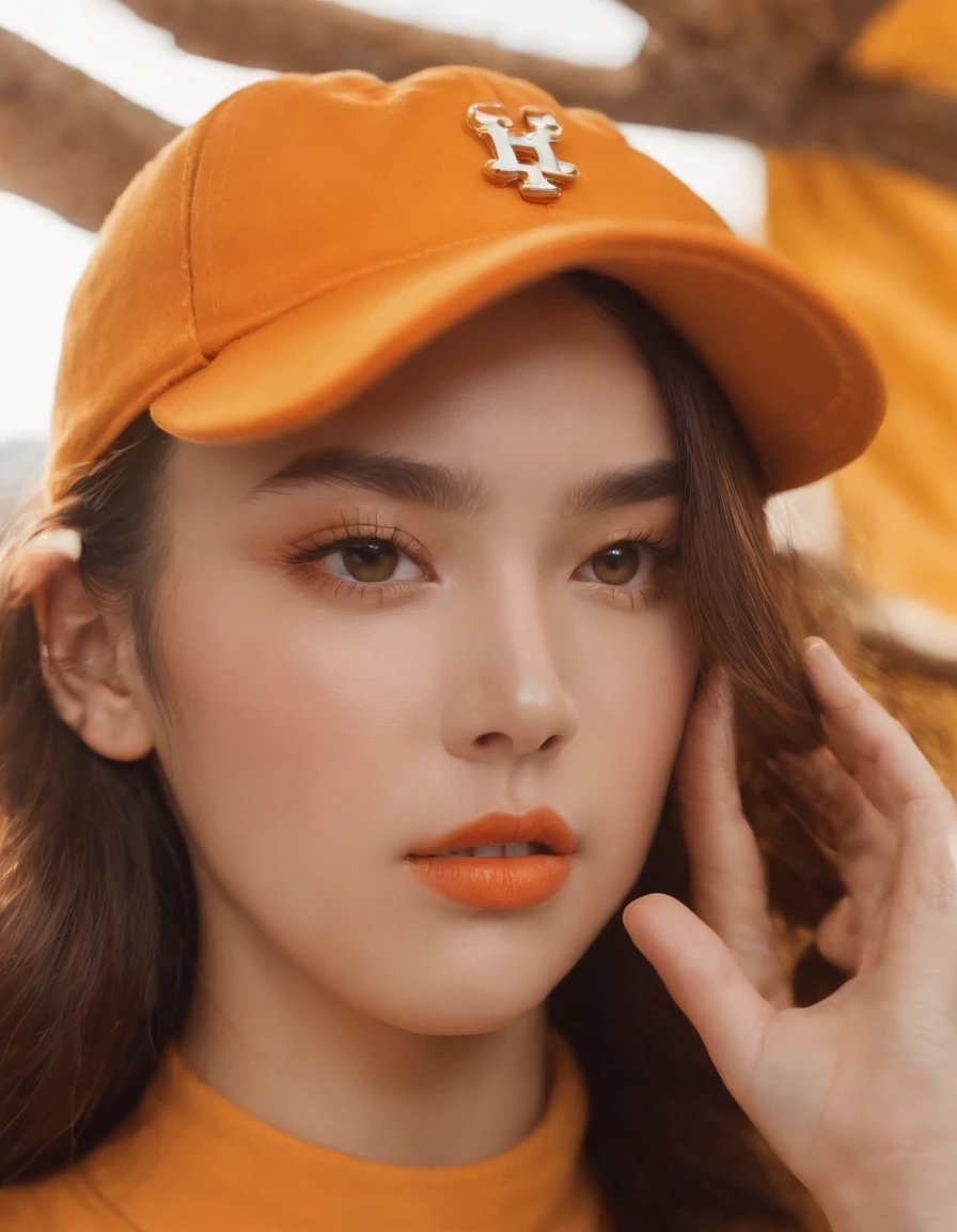 a young woman wearing orange baseball cap ,in the style of ren hang, whimsical and playful scenes, honeycore, eye-catching resin jewelry, yellow and bronze,(medium close-up)