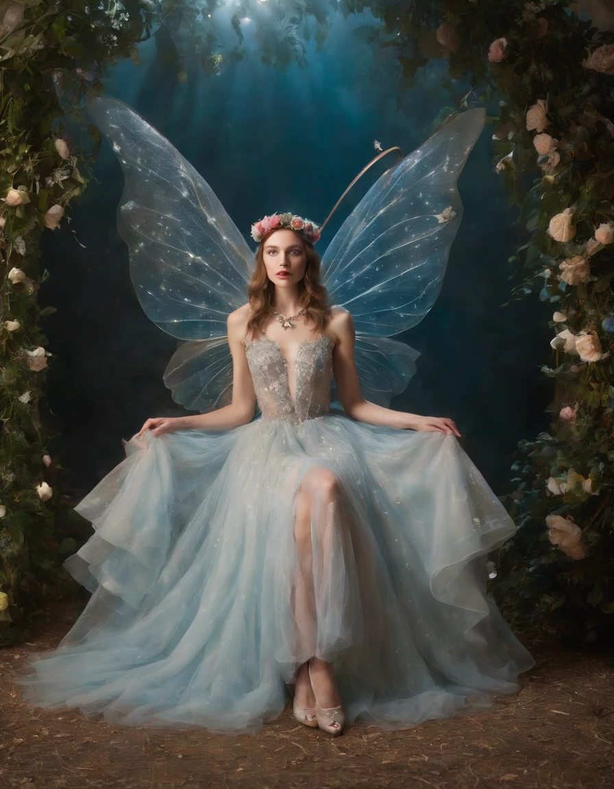 color photo of a mysterious flower fairy with transparent colorful wings, sitting in a divine light, with neon lights, holding a magic wand,axial symmetry, and a magnificent background.silver dress, high heels, flower crown, starry sky background, serene and enigmatic expression, Nikon Z7 II camera, Fujifilm Velvia 50 film, 50mm lens, high saturation, Tim Walker, David LaChapelle, Sofia Coppola, Valentino, Alexander McQueen,((close-up))