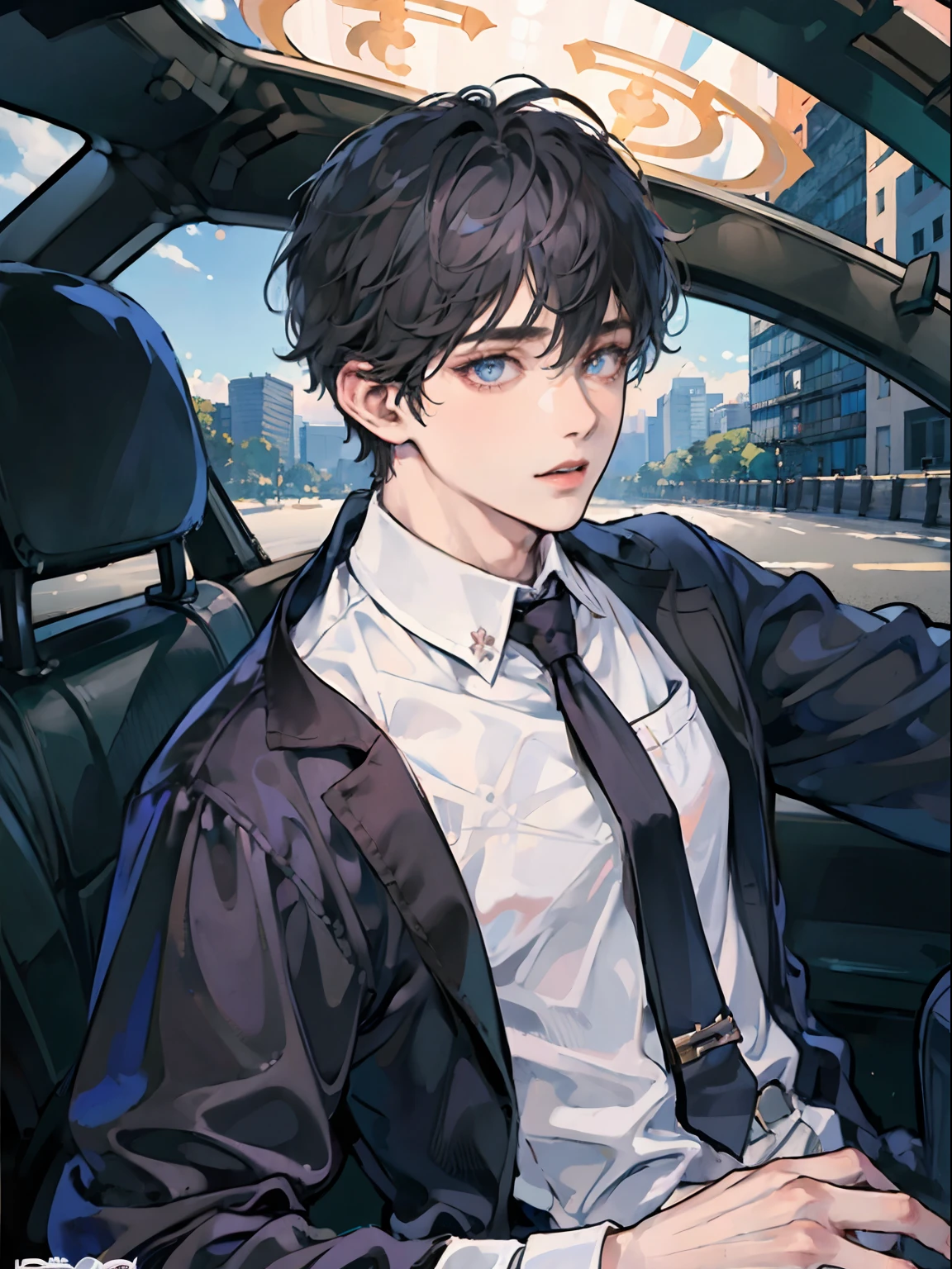 1boy,10 talents、(Man's :2) ,Handsome boy,A dark-haired、Upper body naked、upperbody shot、starrysky 、Inside the car、Back lighting、the chaos、fantastic landscape、absurderes、hightquality、masutepiece,8K,NSFW,