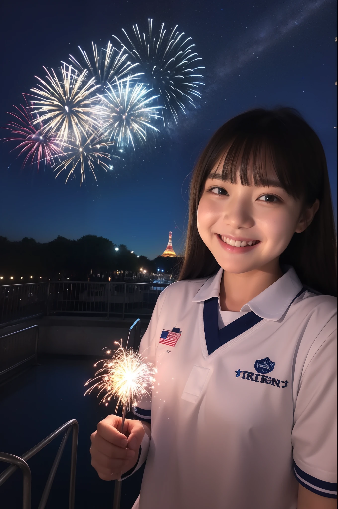 A smile、hi-school girl、校服、shortsleeves、An amusement park、While doing fireworks、starrysky、Aurora
