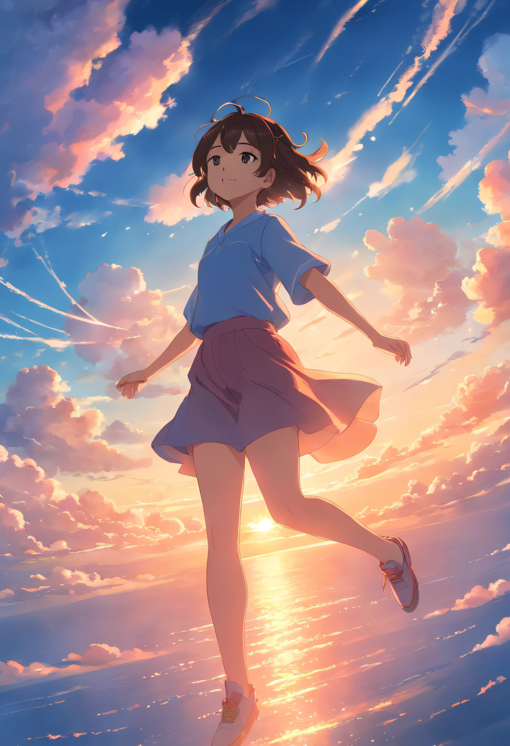 masterpiece, best quality, movie still, 1girl, cloud girl, floating in the sky, close-up, bright, happy, warm soft lighting, sunset, (sparks:0.7)