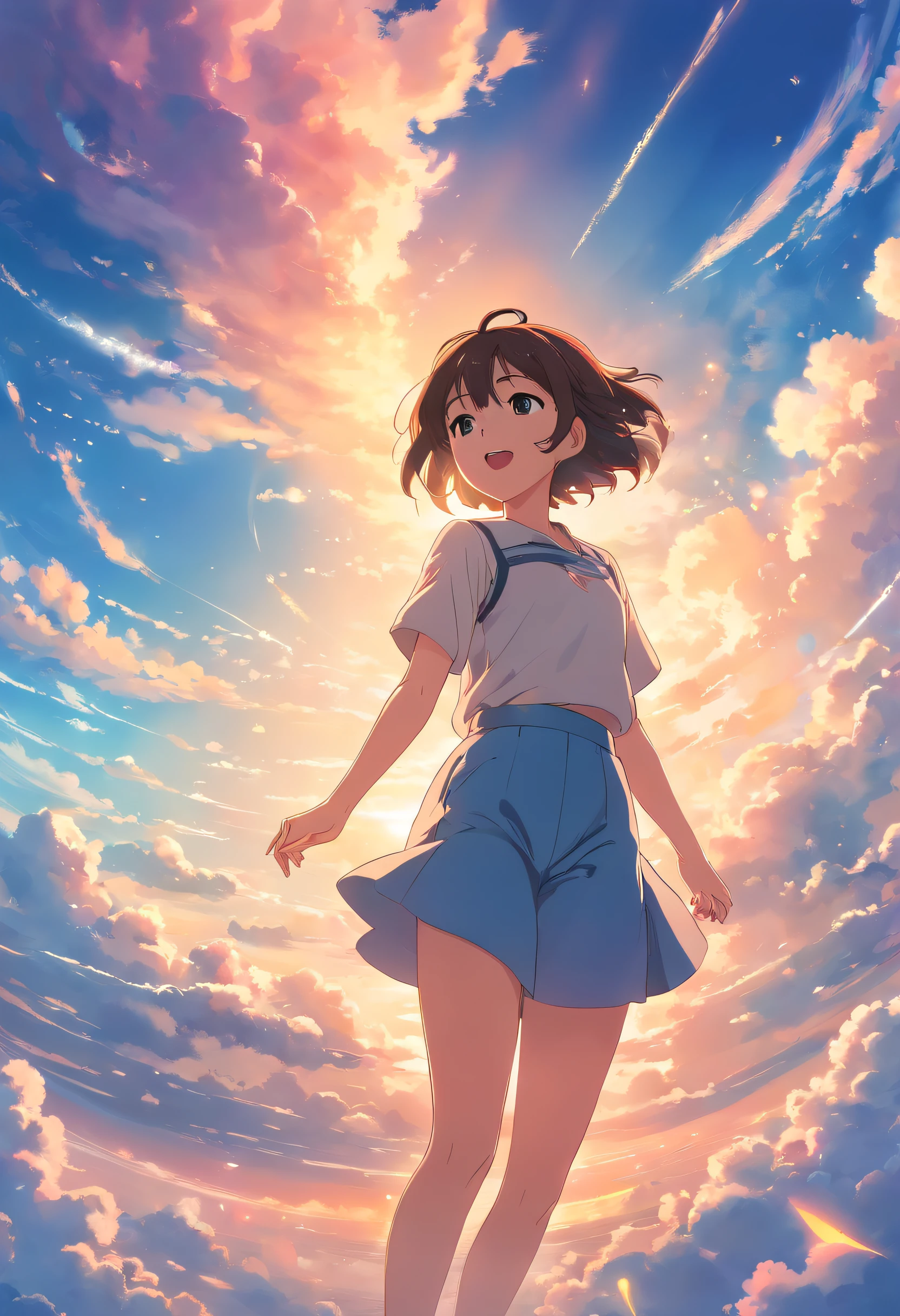 masterpiece, best quality, movie still, 1girl, cloud girl, floating in the sky, close-up, bright, happy, warm soft lighting, sunset, (sparks:0.7)