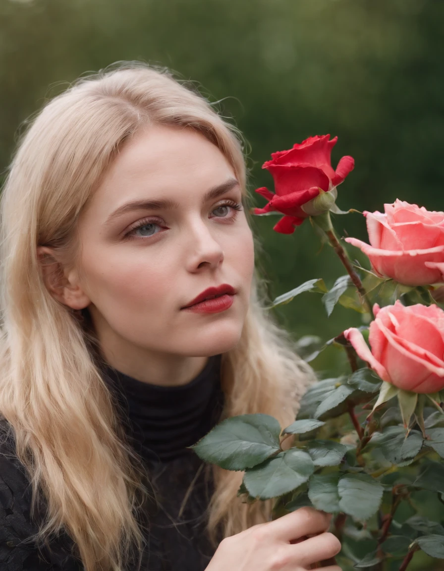 a young blonde woman peering at roses, in the style of queer academia, europunk, rodenstock imagon 300mm f/5.8, close-up, andrzej sykut, vivienne westwood, harmony with nature