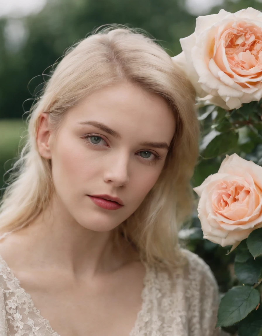 a young blonde woman peering at roses, in the style of queer academia, europunk, rodenstock imagon 300mm f/5.8, close-up, andrzej sykut, vivienne westwood, harmony with nature