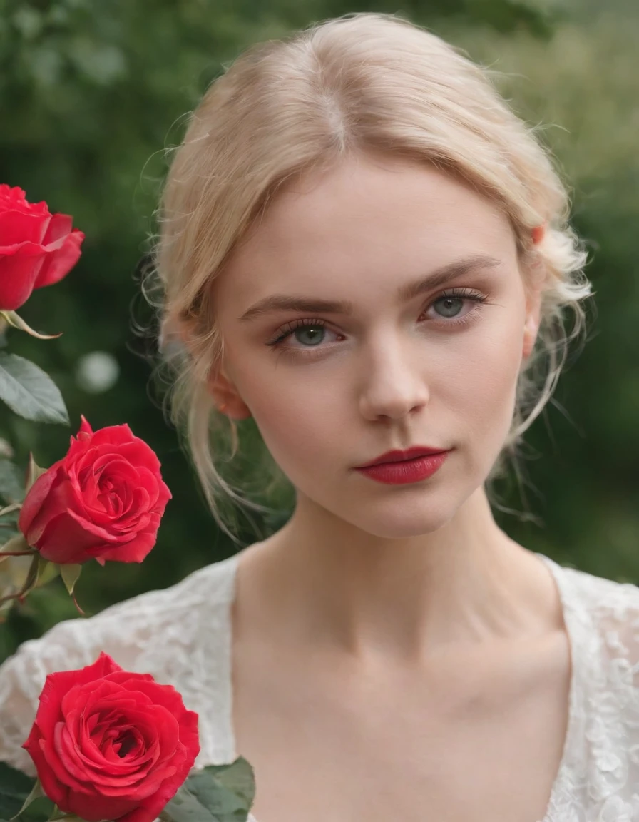 a young blonde woman peering at roses, in the style of queer academia, europunk, rodenstock imagon 300mm f/5.8, close-up, andrzej sykut, vivienne westwood, harmony with nature