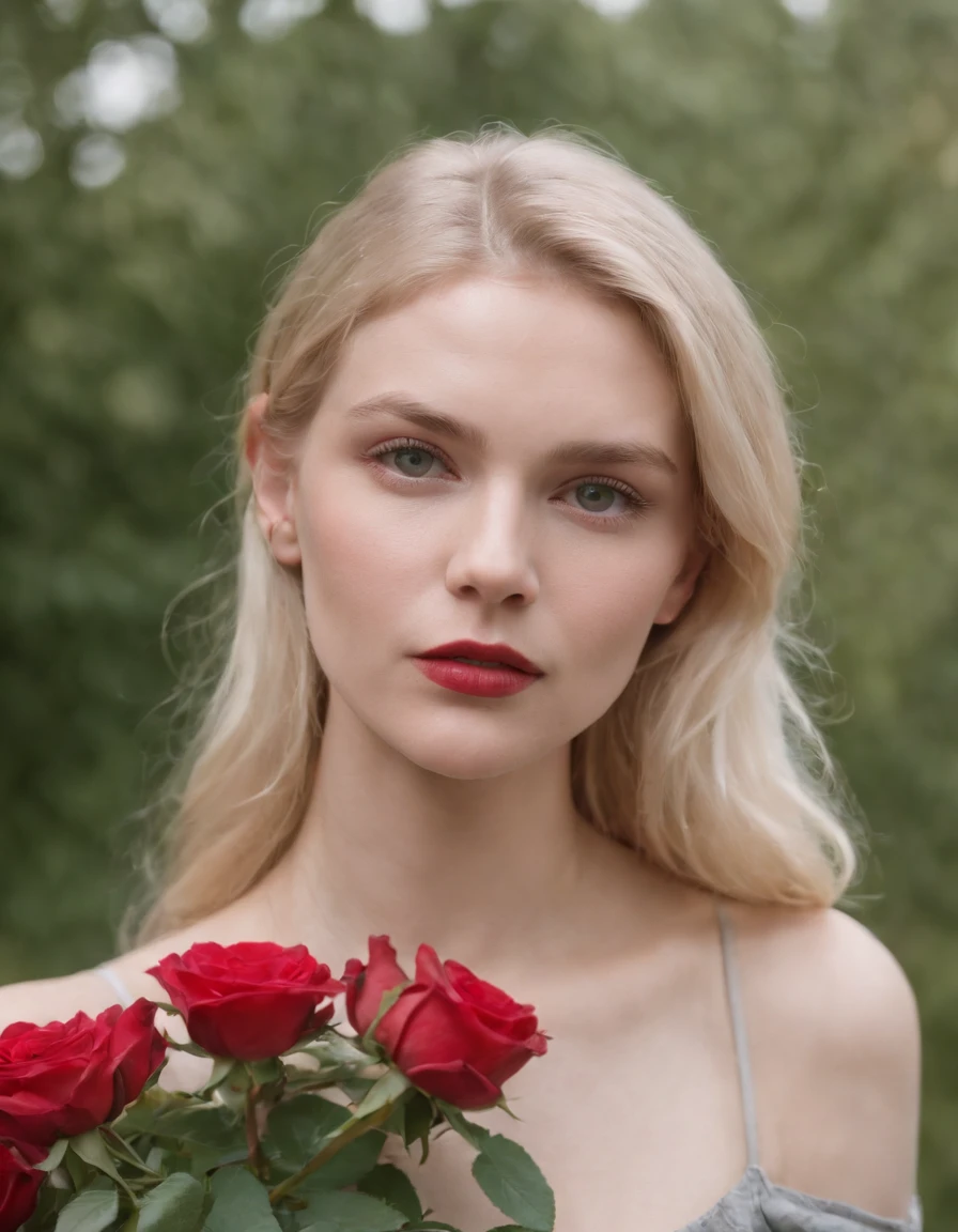 a young blonde woman peering at roses, in the style of queer academia, europunk, rodenstock imagon 300mm f/5.8, close-up, andrzej sykut, vivienne westwood, harmony with nature