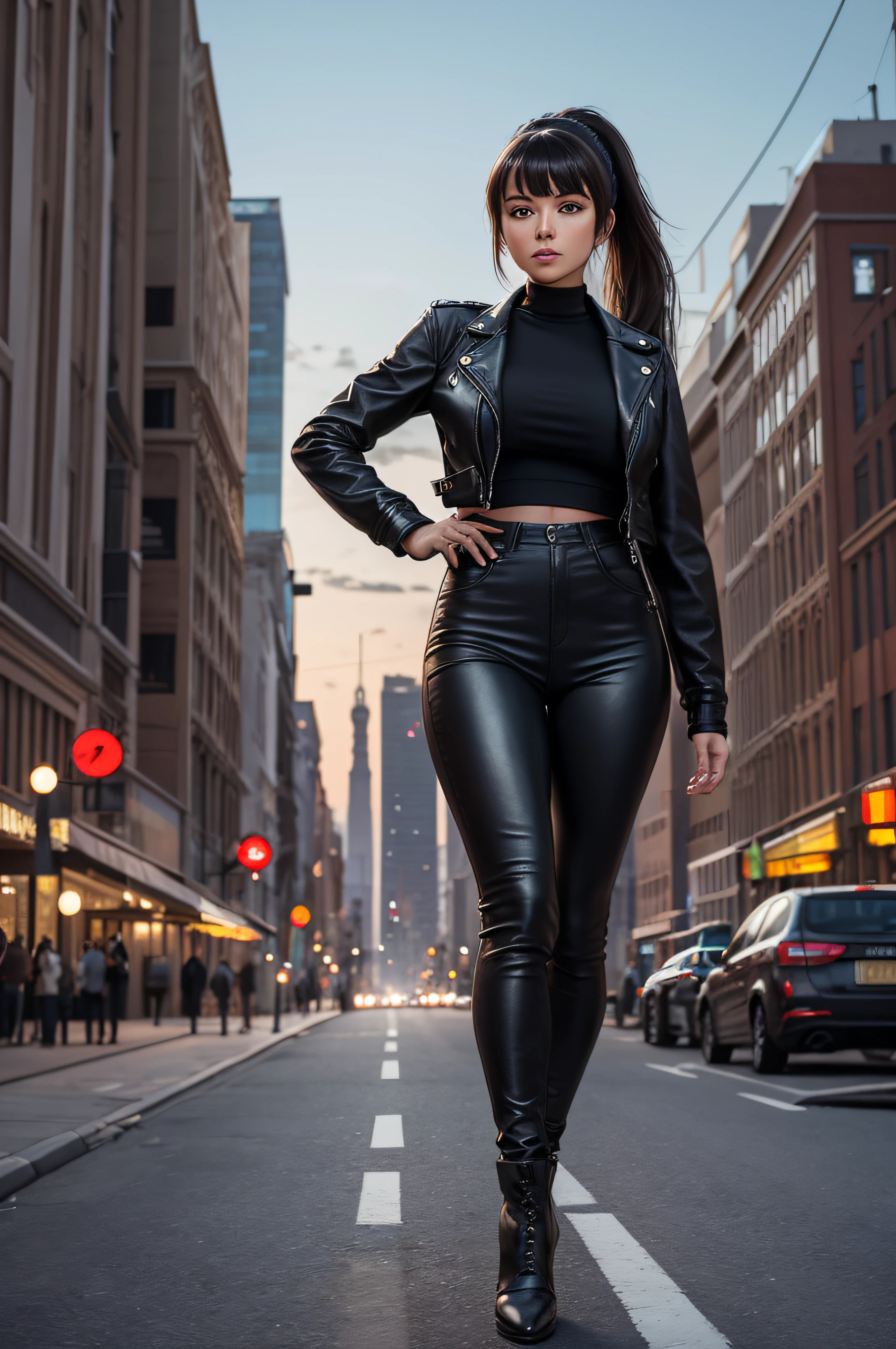 full body Realism, a 22 - year - old girl, dark hair, a ponytail on her head, bangs falling on her face, beautiful hairstyle, light makeup, dressed in a leather jacket, tight leather pants, beautiful shoes on her feet, evening city street in the background, high detail appearance, high detail hairstyle, high detail environment, high detail background, in the background is a modern city, the photo was taken with a photorealistic SLR camera, resolution full hd, 8K