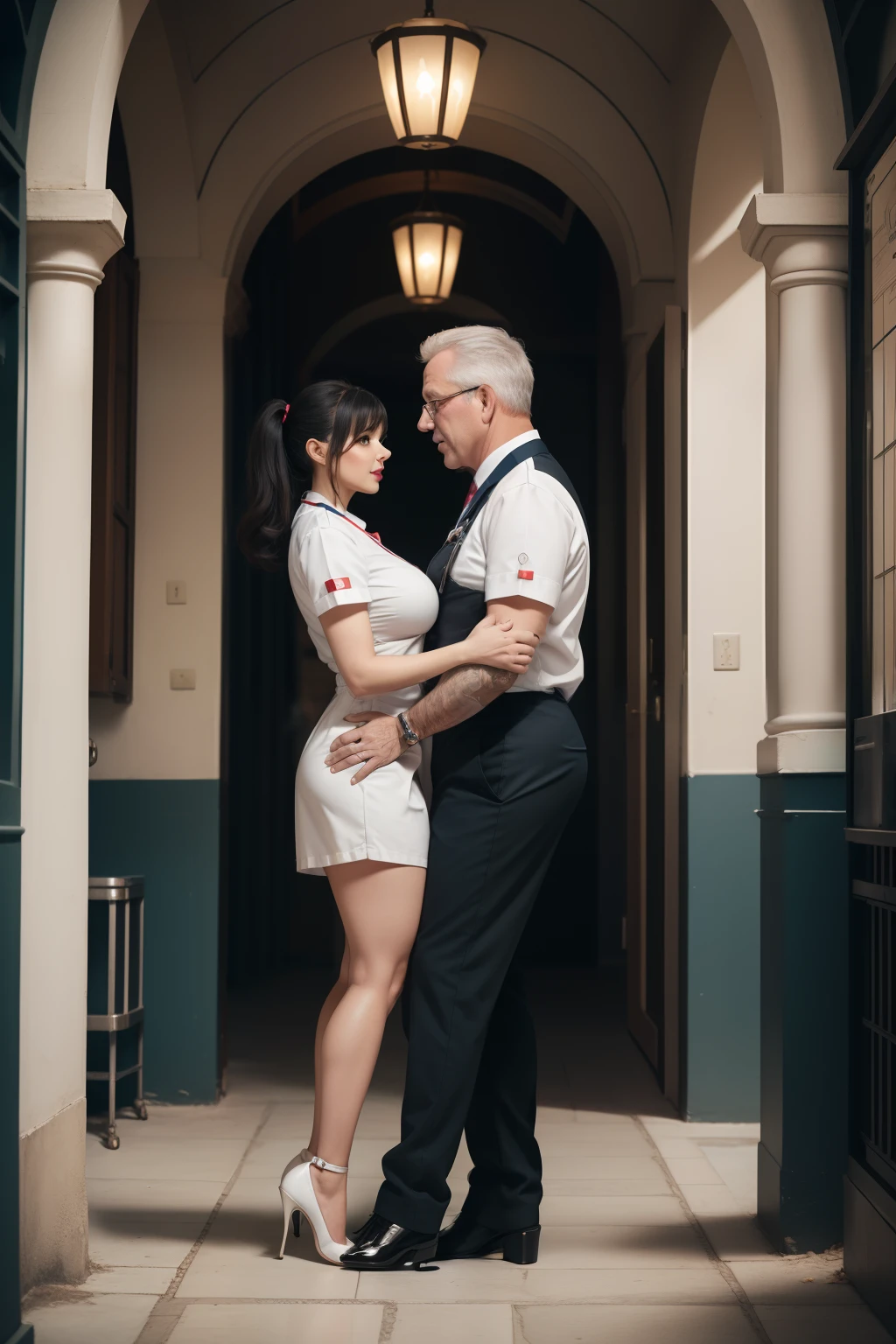 plump curvy buxom cute fully figured Italian nurse with big fake boobs, white nurse uniform high heeled pumps, gigantic fake bosom has an conversation with a middle-aged male patient