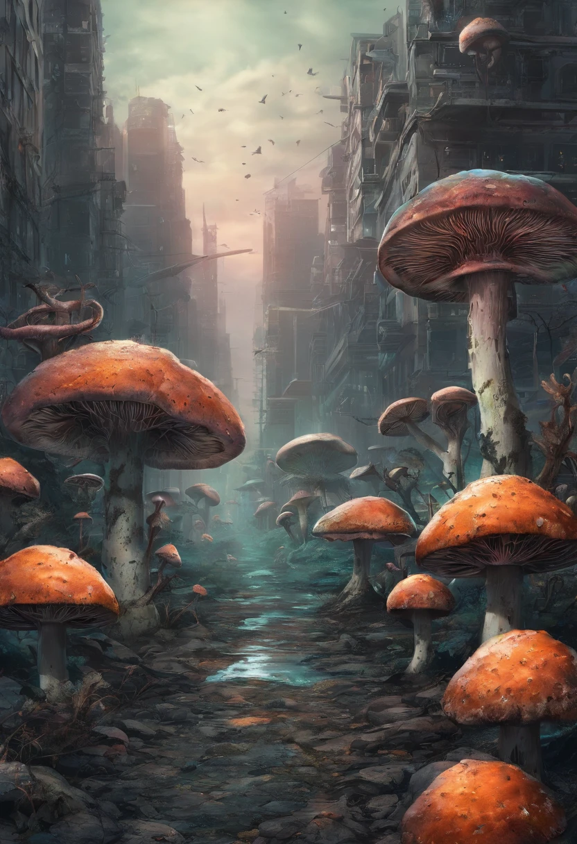 army of colorful mushrooms, invade a city, hallucination, bioluminescence