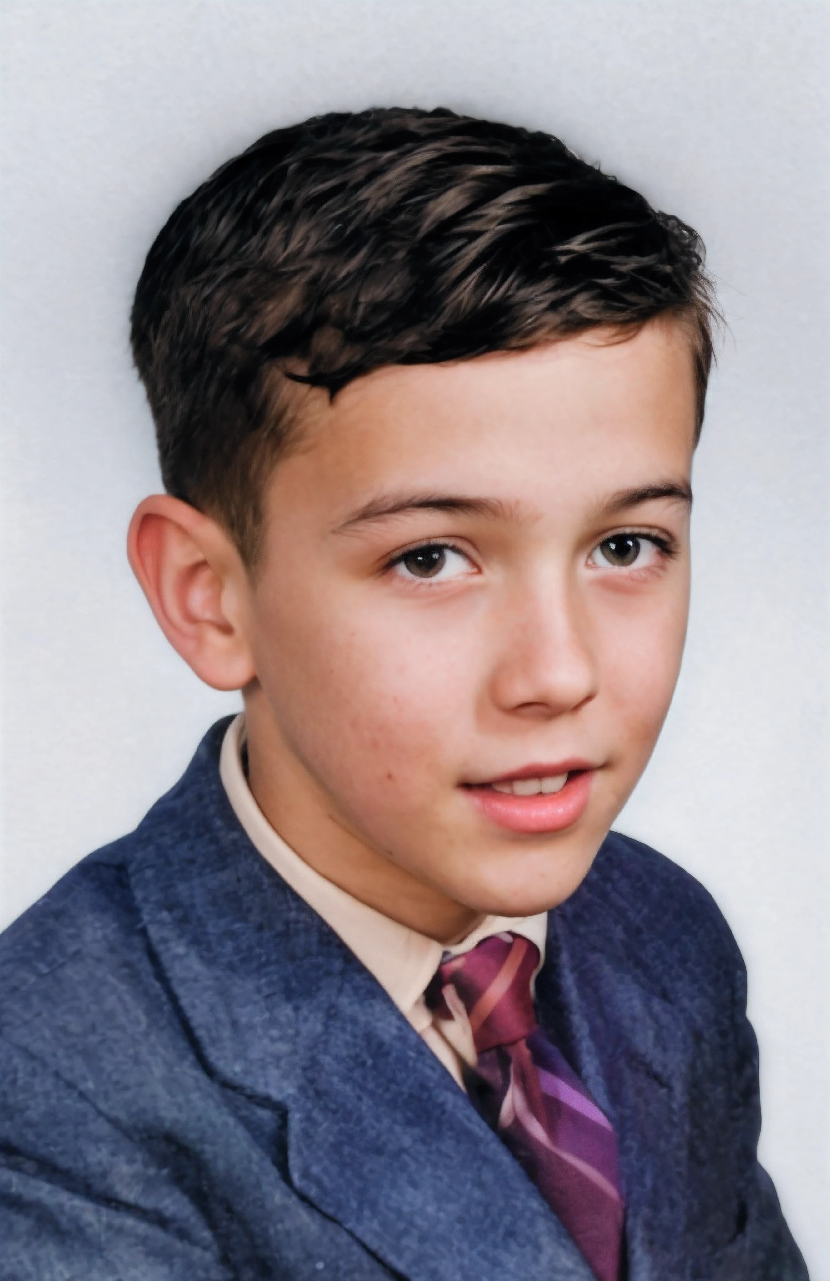 Boy in blue denim suit, white shirt and tie, , color photo, boy with light brown hair combed to the side, gray eyes, smiling, Just 2 front teeth, some moles on his face, white background, RAW photo, Best Quality, 8k, High Quality, Ultra Detailed, (Highly Detailed Skin, Full Sharp:1.2), 8k UHD, DSLR, Detailed Face