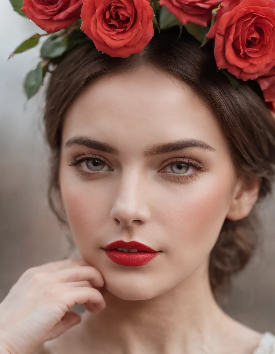 a woman holds a rose and carries a red flower on her head, in the style of collage-like elements, colorful, eye-catching compositions
