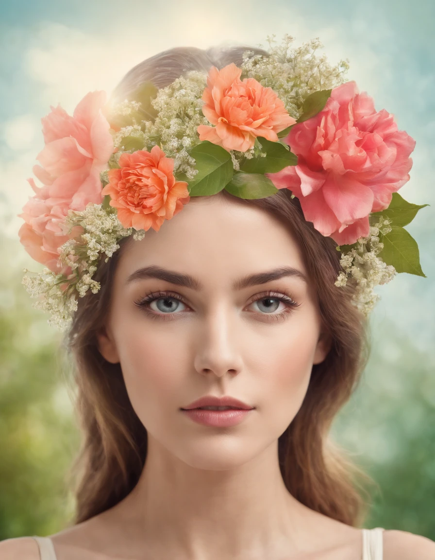 collage of woman head with a bush of flowers inside her head, in surrealism style