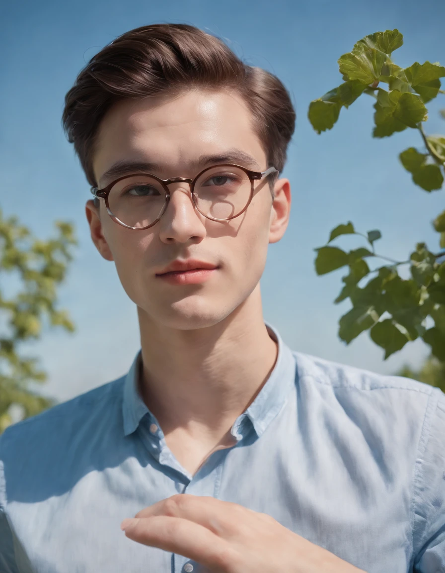 a young man with glasses is wearing a shirt and glasses, in the style of ethereal escapism, shiny/glossy, bauhaus photography, realistic blue skies, dinocore, made of vines, wavy