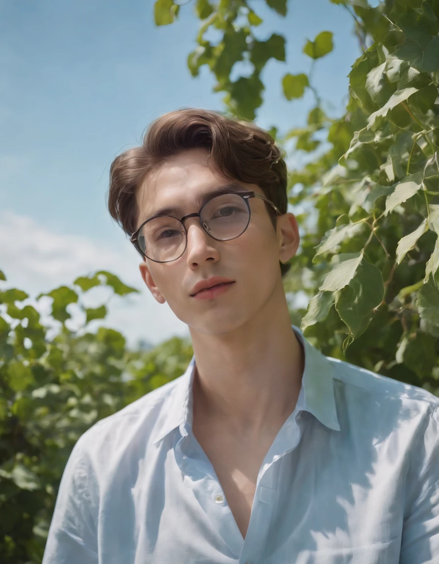 a young man with glasses is wearing a shirt and glasses, in the style of ethereal escapism, shiny/glossy, bauhaus photography, realistic blue skies, dinocore, made of vines, wavy