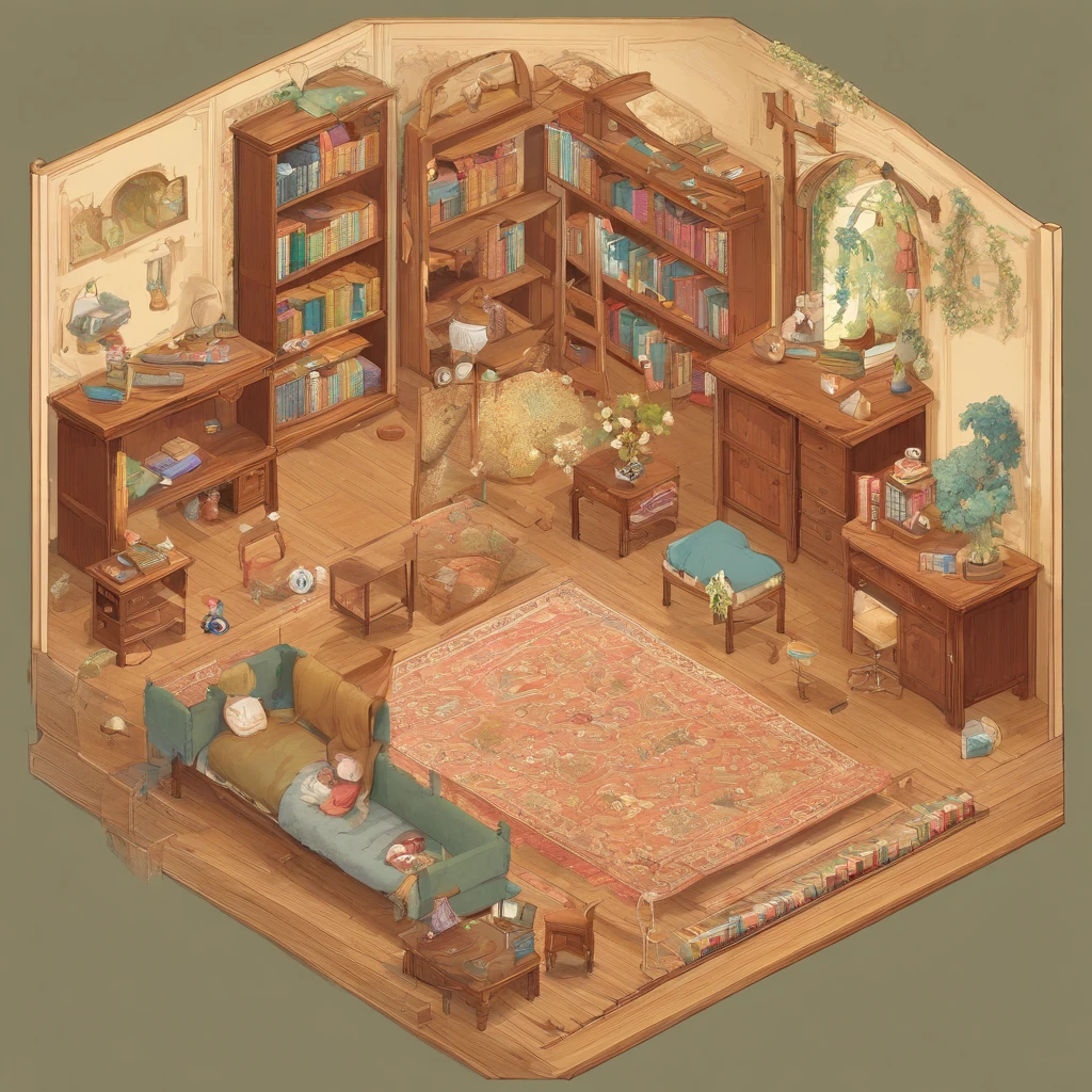 Inside (a light wood-colored bed with white sheets, yellow pillows and blue duvet), (a light wood-colored desk with a pencil, a notebook and a textbook), (a light wood-colored chair in front of the desk), There is a room with (a child sitting on a chair and studying at a desk), (a light wood-colored wardrobe with double doors, one of which is opened to reveal clothes hanging inside), a patterned carpet, a wall clock, a wall painting, (a bookcase with several books on its shelves), a full-length mirror. The room has the same dimensions in width, breadth or depth. The room has no roof or ceiling. The top of the room is open. The image is from outside the room and well above the ceiling, showing the room, the walls of the room and the garden outside the room, including the trees, the swing and the flowers, from an isometric perspective. This is a game screenshot. This image captures the furniture, home and lifestyle of 1900s America.