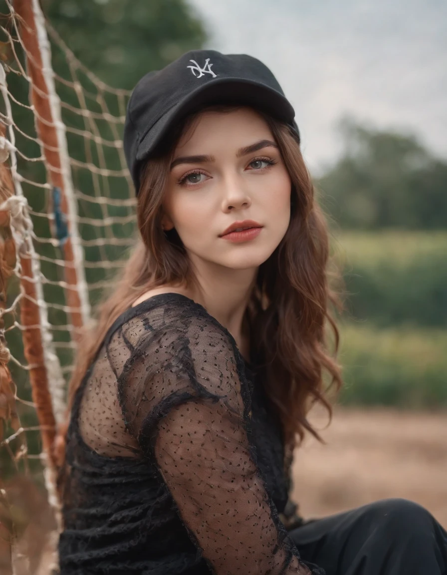 young woman sitting on a net wearing fashionable clothes, black cap in the style of ultrafine detail, vibrant colors, high quality photo, close up, 75 mm f/8