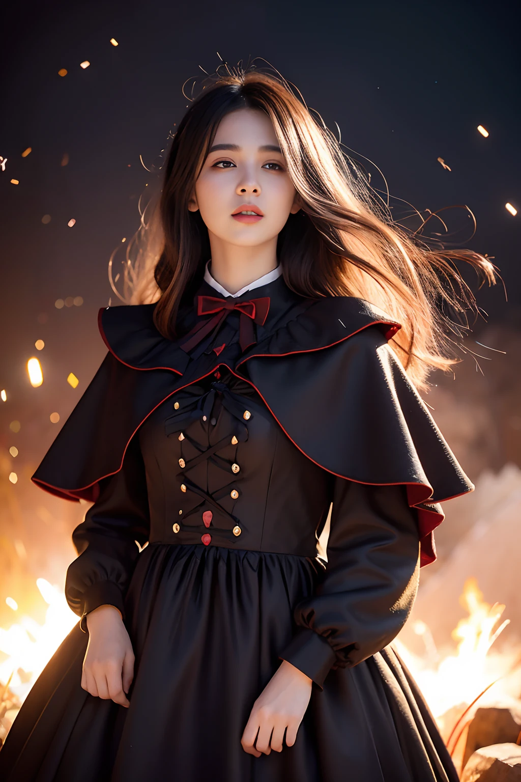 RAW photo, full sharp, (Full HD epic wallpaper) 8K UHD, Digital SLR, Soft lighting, High quality, filmgrain, Fujifilm XT3, hiqcgbody, (1人, Kizi:1.2),the night,Focus above the thighs, Broken glass effect, Vivid yellow flame, Ethereal sparks, vulnerable, Red eyes, (Long gray hair),Wind,Fluttering head, buzz cut, Style - Gravity magic, Looking down, Solo, , Detailed background, Detailed face, Pale complexion,((Gorgeous Lolita costume)), Black cloak, Cape, Hood, malicious expression, The scarlet symbol rotates in the air,(Floating fire particles, particle fx), Skylight color scheme, ( Huge red explosion flames), the are In the background, Surrounded by a crimson mist, Sunset, symetrical composition, Epic atmosphere,(Smoky),