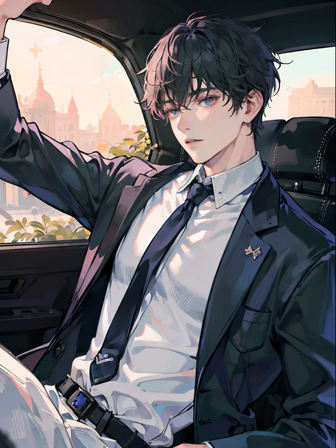 1boy,10 talents、(Man's :2) ,Handsome boy,A dark-haired、Upper body naked、upperbody shot、starrysky 、Inside the car、Back lighting、the chaos、fantastic landscape、absurderes、hightquality、masutepiece,8K,NSFW,