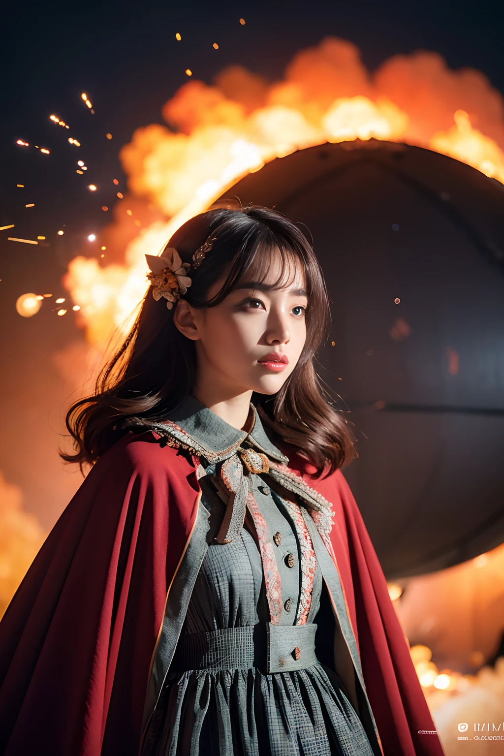 RAW photo, full sharp, (Full HD epic wallpaper) 8K  UHD, Digital SLR, Soft lighting, High quality, filmgrain, Fujifilm XT3, hiqcgbody, (1人, Kizi:1.2),the night，Focus above the thighs, Broken glass effect, Vivid yellow flame, Ethereal sparks, vulnerable, Red eyes, (Long gray hair),Wind，Fluttering head， buzz cut, Style - Gravity magic, Looking down, Solo, , Detailed background, Detailed face, Pale complexion,((Gorgeous ta costume)), Black cloak, Cape, Hood, malicious expression, The scarlet symbol rotates in the air,(Floating fire particles, particle fx), Skylight color scheme, ( Huge red explosion flames), the are In the background, Surrounded by a crimson mist, Sunset, symetrical composition, Epic atmosphere,(Smoky)，