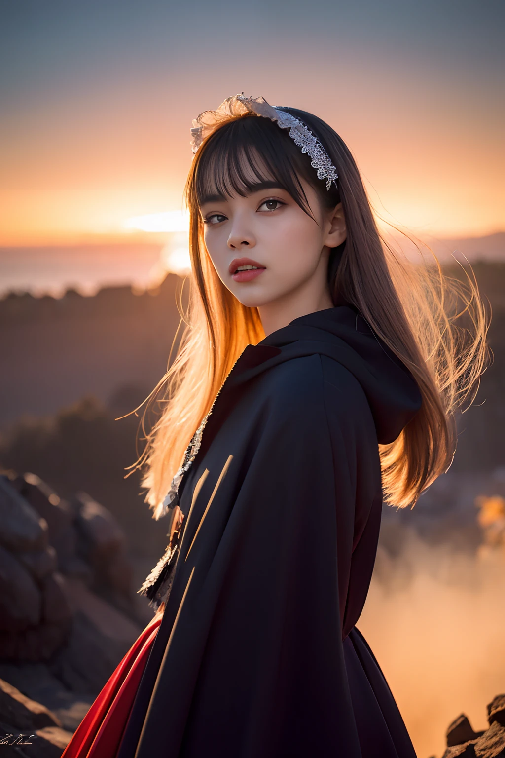 RAW photo, full sharp, (Full HD epic wallpaper) 8K UHD, Digital SLR, Soft lighting, High quality, filmgrain, Fujifilm XT3, hiqcgbody, (1人, Kizi:1.2),the night,Focus above the thighs, Broken glass effect, Vivid yellow flame, Ethereal sparks, vulnerable, Red eyes, (Long gray hair),Wind,Fluttering head, buzz cut, Style - Gravity magic, Looking down, Solo, , Detailed background, Detailed face, Pale complexion,((Gorgeous ta costume)), Black cloak, Cape, Hood, malicious expression, The scarlet symbol rotates in the air,(Floating fire particles, particle fx), Skylight color scheme, ( Huge red explosion flames), the are In the background, Surrounded by a crimson mist, Sunset, symetrical composition, Epic atmosphere,(Smoky),