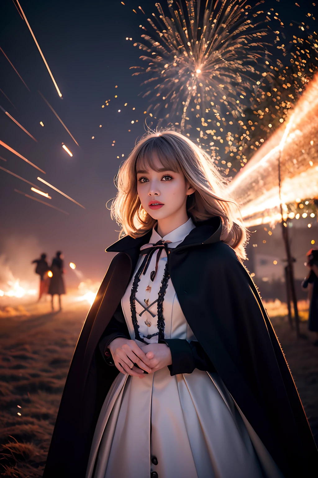 RAW photo, full sharp, (Full HD epic wallpaper) 8K UHD, Digital SLR, Soft lighting, High quality, filmgrain, Fujifilm XT3, hiqcgbody, (1人, Kizi:1.2),the night,Focus above the thighs, Broken glass effect, Vivid yellow flame, Ethereal sparks, vulnerable, Red eyes, (Long gray hair),Wind,Fluttering head, buzz cut, Style - Gravity magic, Looking down, Solo, , Detailed background, Detailed face, Pale complexion,((Gorgeous Lolita costume)), Black cloak, Cape, Hood, malicious expression, The scarlet symbol rotates in the air,(Floating fire particles, particle fx), Skylight color scheme, ( Huge red explosion flames), the are In the background, Surrounded by a crimson mist, Sunset, symetrical composition, Epic atmosphere,(Smoky),