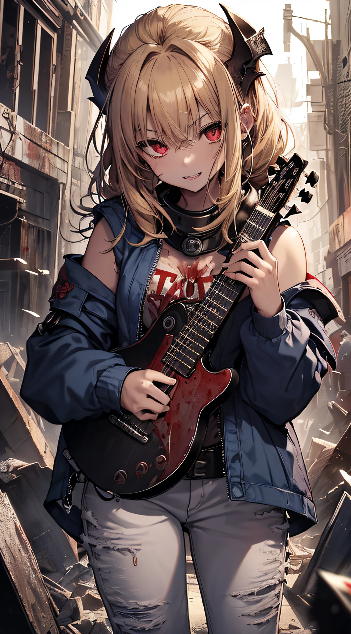 top-quality、Top image quality、masterpiece、girl with((18year old、tatteredclothing、Black tank top、Blue jacket、White pants、Best Bust、Bust 85、a blond、poneyTail、Red Eyes、open chest wide、Happiness、Return blood、Blood from the mouth、Holding a guitar、vampire teeth))hiquality、visualart、Background with((World of War,World of the Apocalypse、Nightmare))、