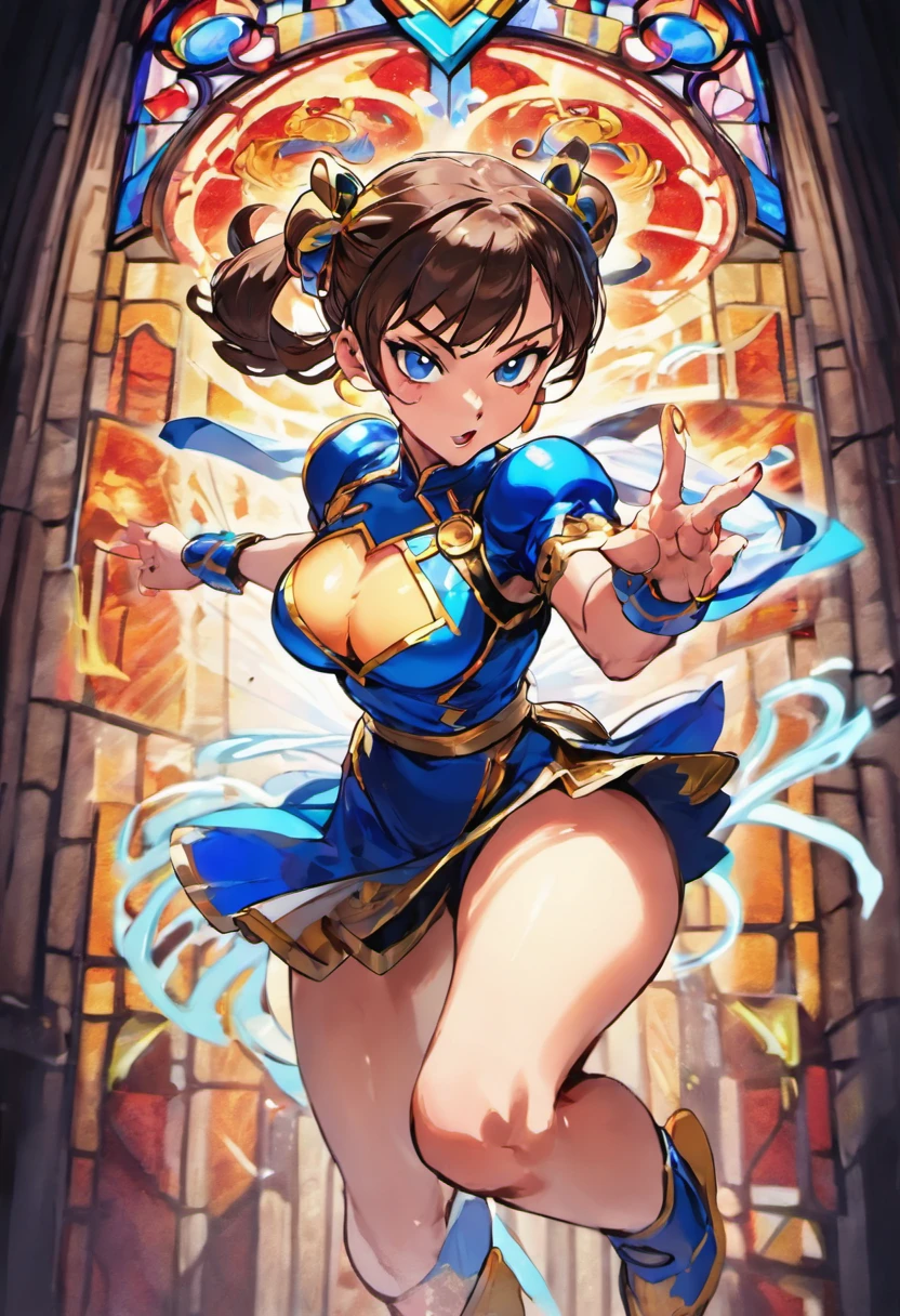 Chun li, portrait shot, kicking into air, dynamic pose, stained glass portrait, extremely detailed, absurdes