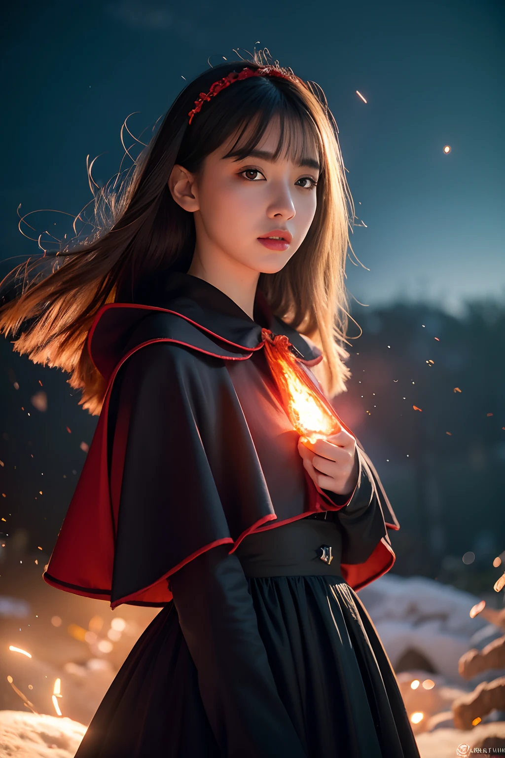 RAW photo, full sharp, (Full HD epic wallpaper) 8K UHD, Digital SLR, Soft lighting, High quality, filmgrain, Fujifilm XT3, hiqcgbody, (1人, Kizi:1.2),the night,Focus above the thighs, Broken glass effect, Vivid yellow flame, Ethereal sparks, vulnerable, Red eyes, (Long gray hair),Wind,Fluttering head, buzz cut, Style - Gravity magic, Looking down, Solo, , Detailed background, Detailed face, Pale complexion,((Gorgeous ta costume)), Black cloak, Cape, Hood, malicious expression, The scarlet symbol rotates in the air,(Floating fire particles, particle fx), Skylight color scheme, ( Huge red explosion flames), the are In the background, Surrounded by a crimson mist, Sunset, symetrical composition, Epic atmosphere,(Smoky),