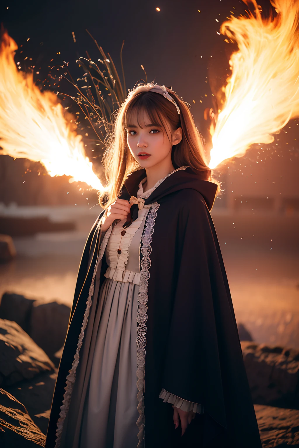 RAW photo, full sharp, (Full HD epic wallpaper) 8K UHD, Digital SLR, Soft lighting, High quality, filmgrain, Fujifilm XT3, hiqcgbody, (1人, Kizi:1.2),the night,Focus above the thighs, Broken glass effect, Vivid yellow flame, Ethereal sparks, vulnerable, Red eyes, (Long gray hair),Wind,Fluttering head, buzz cut, Style - Gravity magic, Looking down, Solo, , Detailed background, Detailed face, Pale complexion,((Gorgeous Lolita costume)), Black cloak, Cape, Hood, malicious expression, The scarlet symbol rotates in the air,(Floating fire particles, particle fx), Skylight color scheme, ( Huge red explosion flames), the are In the background, Surrounded by a crimson mist, Sunset, symetrical composition, Epic atmosphere,(Smoky),