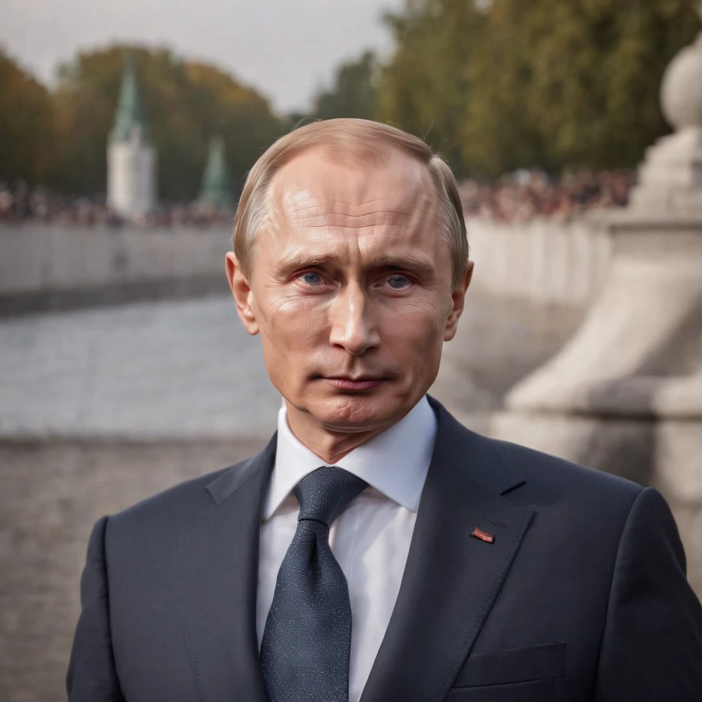 a confident Putin with intense eyes, strong physique, dignified posture, dressed in a tailored suit, standing tall in front of the Kremlin backdrop, exuding power and authority, surrounded by loyal guards. The artwork should be a realistic oil painting, with ultra-detailed brushwork and vivid colors, capturing every subtle facial expression and the textures of the suit. The lighting should be dramatic, with a spotlight illuminating Putin and casting intriguing shadows. The overall color tone should be deep and rich, with a touch of warmth and sophistication. The image quality should be of the highest standard, with sharp focus and fine details, showcasing the mastery of the craftsmanship.