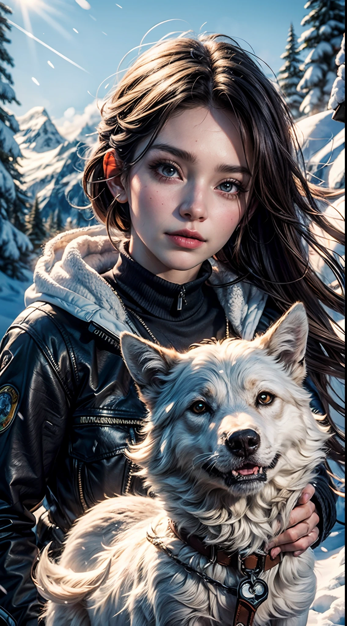 Snow Mountain, snowflakes, frozen waterfall, 1 girl playing with fluffy cute wolfs, beautiful weather, snow smoke, winds, 8K Masterpiece collection award winning artwork, AMD fidelityFX super resolution 3 rendered, ray tracing, UHD, detailed portrait.