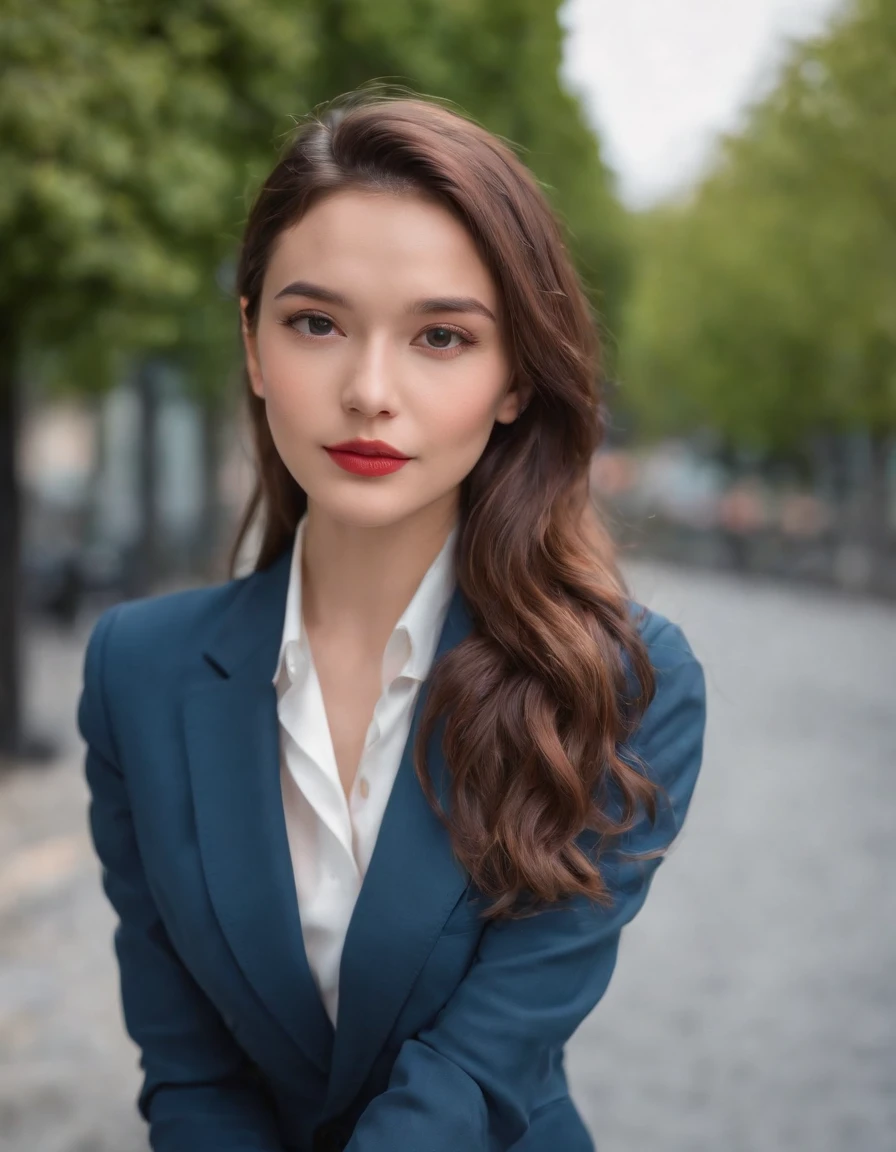 Young woman in modern suit posing boldly, vibrant, colorful, high quality photo, solid color background, Canon EOS 5D Mark IV, 75mm f/1.8,medium shot