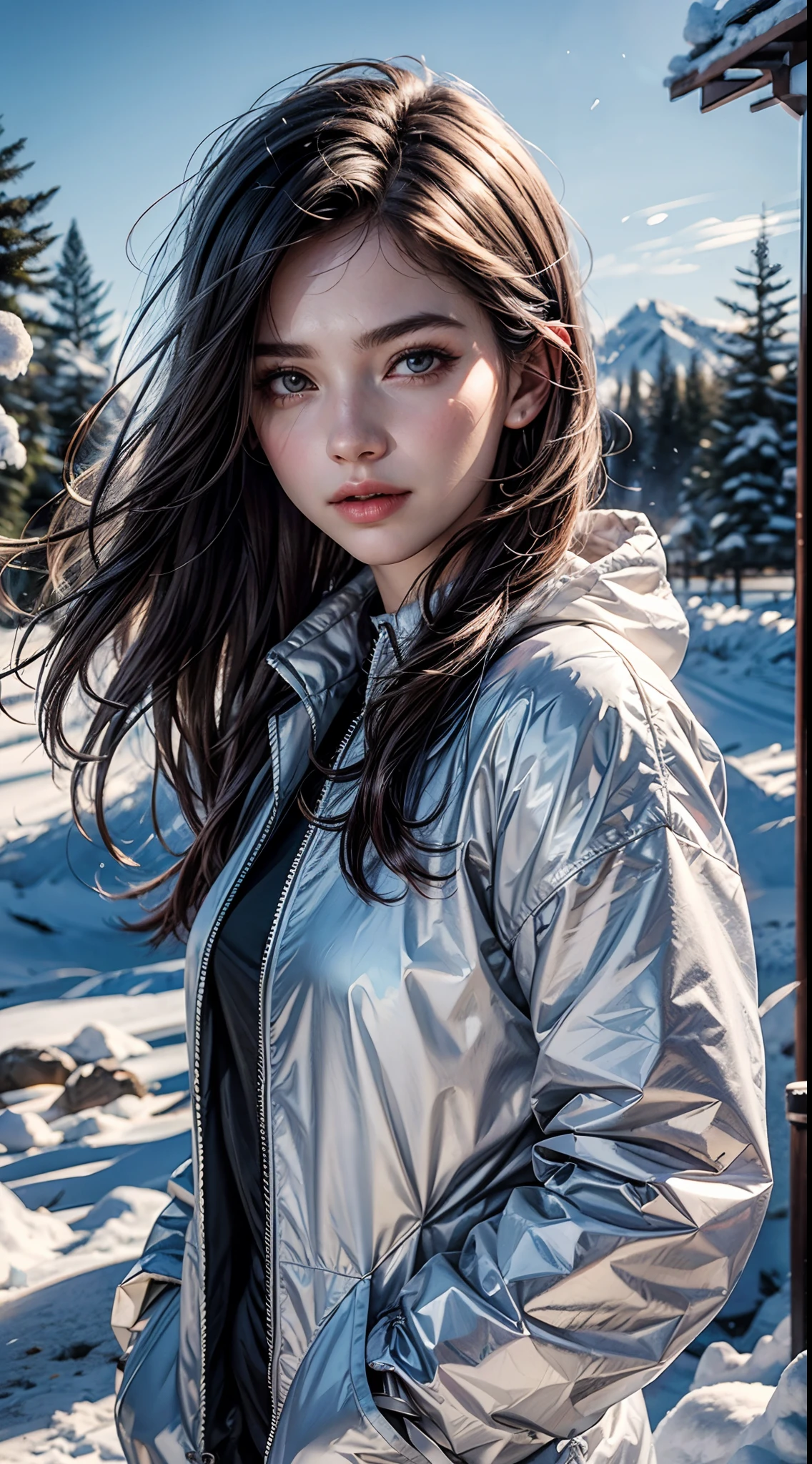 Snow Mountain, snowflakes, frozen waterfall, 1 girl playing with fluffy cute wolfs, beautiful weather, snow smoke, winds, 8K Masterpiece collection award winning artwork, AMD fidelityFX super resolution 3 rendered, ray tracing, UHD, detailed portrait.