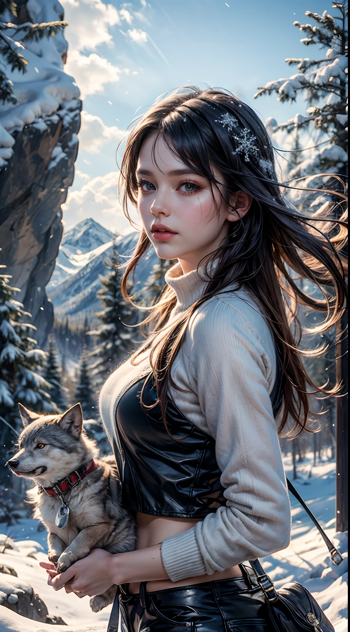 Snow Mountain, snowflakes, frozen waterfall, 1 girl playing with fluffy cute wolfs, beautiful weather, snow smoke, winds, 8K Masterpiece collection award winning artwork, AMD fidelityFX super resolution 3 rendered, ray tracing, UHD, detailed portrait.