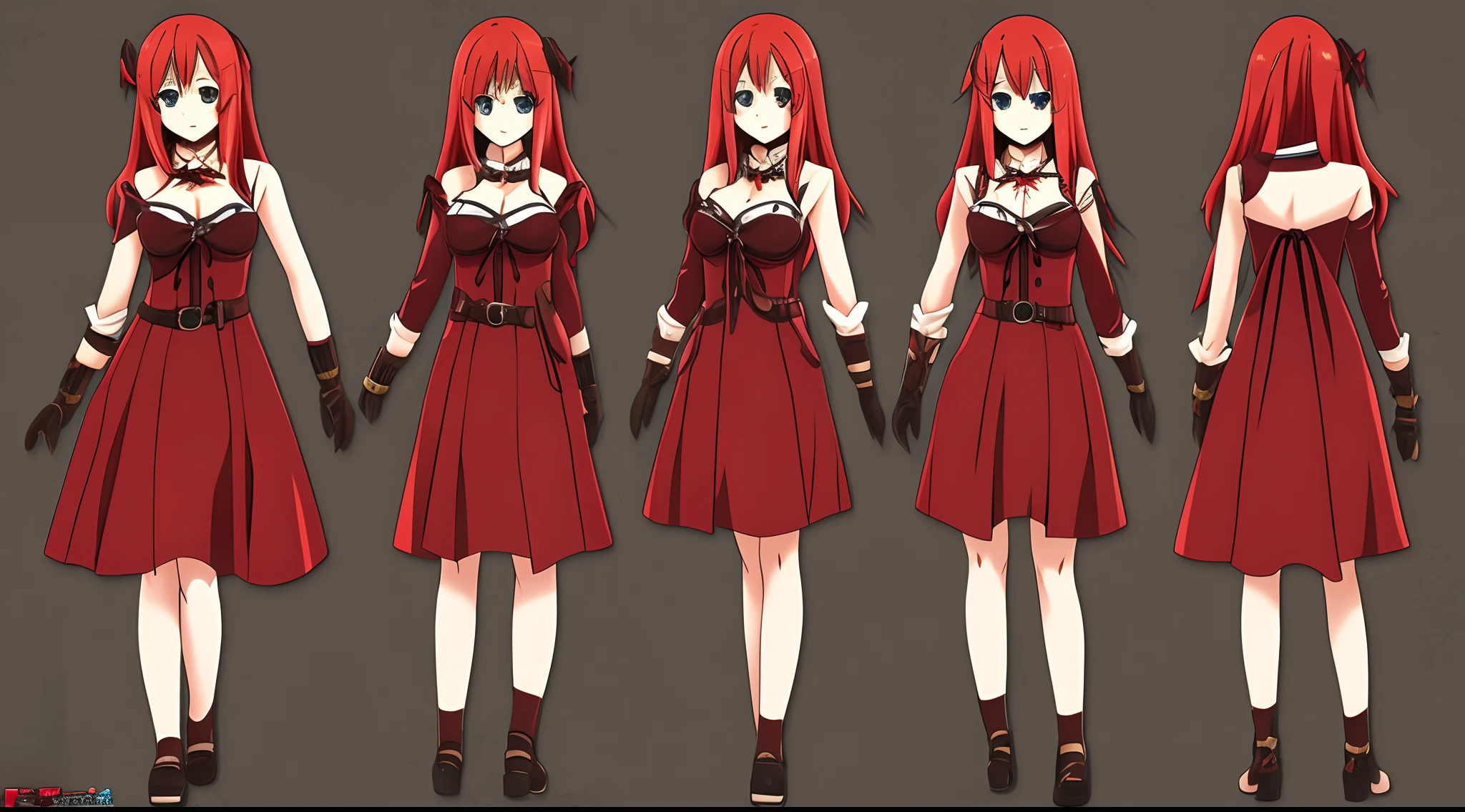 red head anime girl with bog boobs in a dress walking, character sheet