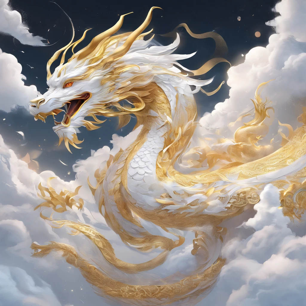 A golden dragon god, gentle gaze, fantastic background, moonlight background, sea of clouds background, golden splashes, mysterious, divine light, mythical creature, traditional Chinese dragon, myth, speckled light, hazy haze, mysterious aura, masterpiece, fantastic, elegant dragon, good fortune, fantasy art