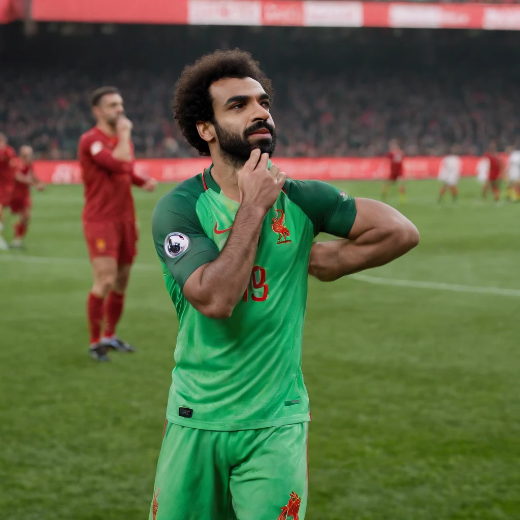 Iranian football player muscular bearded hairy shirtless, black shorts and red socks and black boots, with hands open and raised to the sky in a large football stadium full of people.