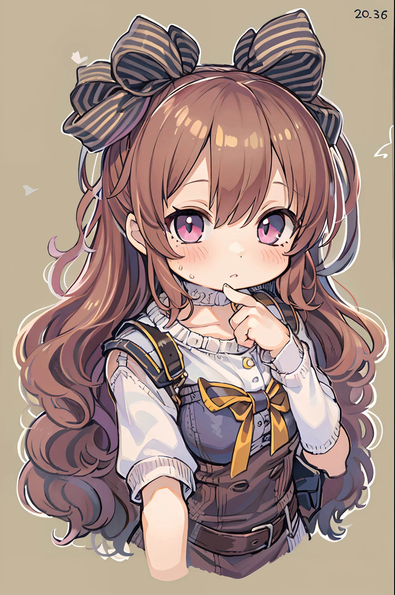 (1girl in), masutepiece, Best Quality, superfine illustration, a very pretty girl, extremely detailed beautiful face, Looking at Viewer, 1girl in, Belt bag, gros-plan, Looking at Viewer, 4K, hight resolution, bow ribbon, Phyllis Mistrout, blush, POV, twin-tail hair, White background, Simple background, thick outline, Purple eyes, (sleep), Brown hair, Chibi, expression of love,  ((Brown hair)),