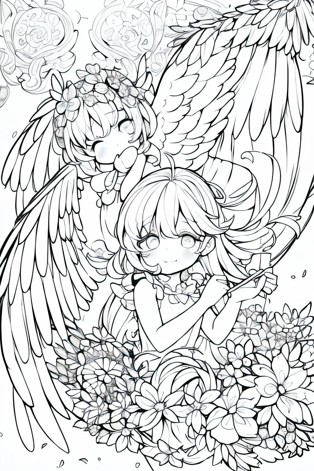 Adorable little cupid with big angel wings,3:1 Adorable little cupids with beautifully decorated angel wings、Sky and cloud decorative panels、Abstract、Sketched、Character Line、Scenes without color or shadows。
(​masterpiece、top-quality、hight resolution:1.4)、detaileds、intricate-detail、4K、color splashes、line-drawing、Fibonacci、