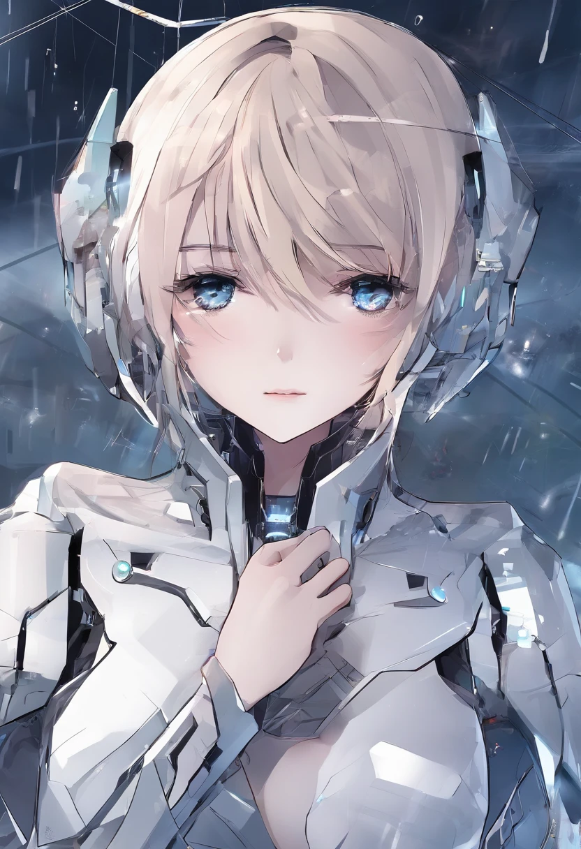 Sad girl,cry,darkness,Rain sky,。.。.。.。.。.。.。.。.。.。.。.。.。.。.。.。.。.。.。.3D,Upscale,hard disk,Blonde short,is crying,with his back turned
