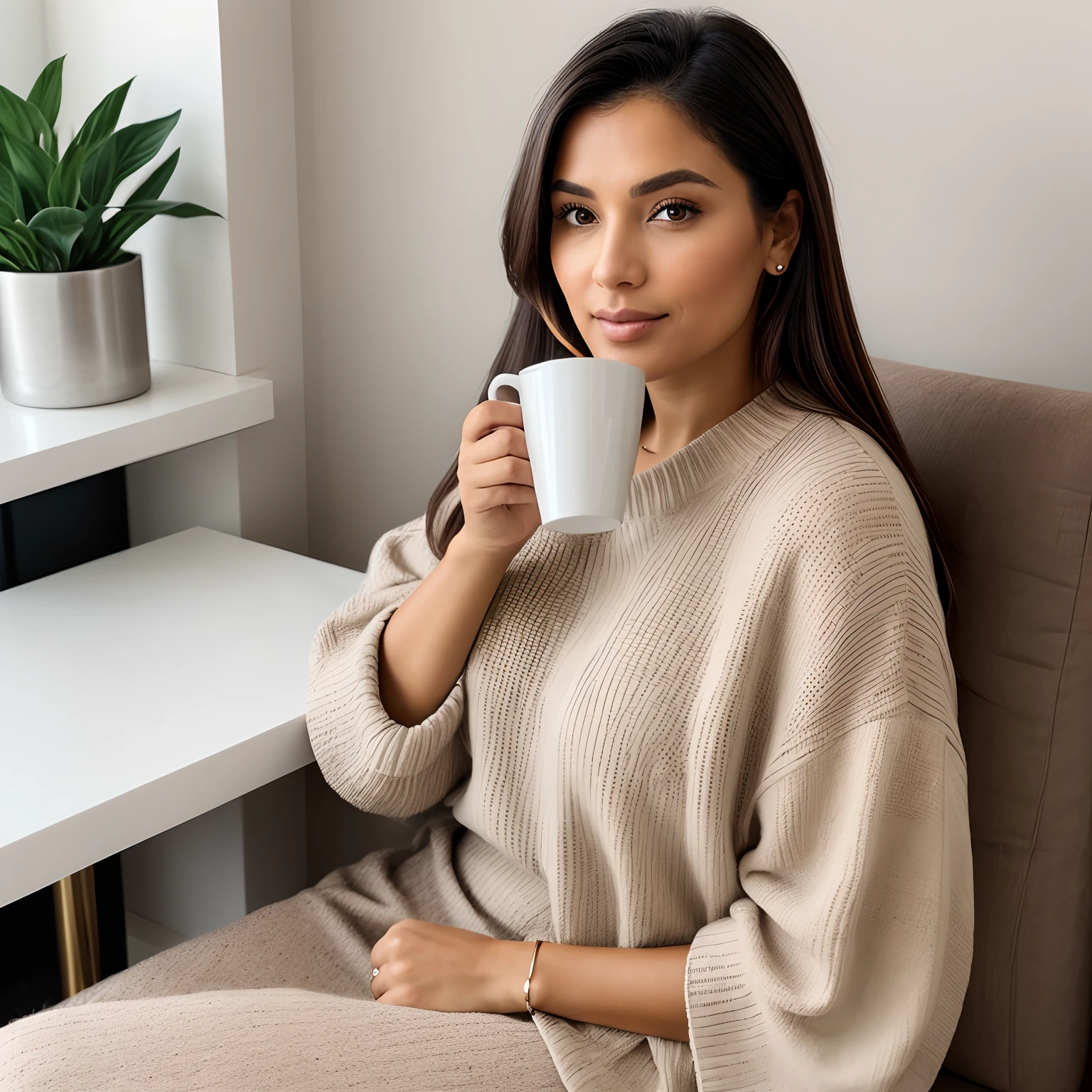 A trust worthy looking woman wearing neutral tones, sitting with a coffee, talking about a serious topic