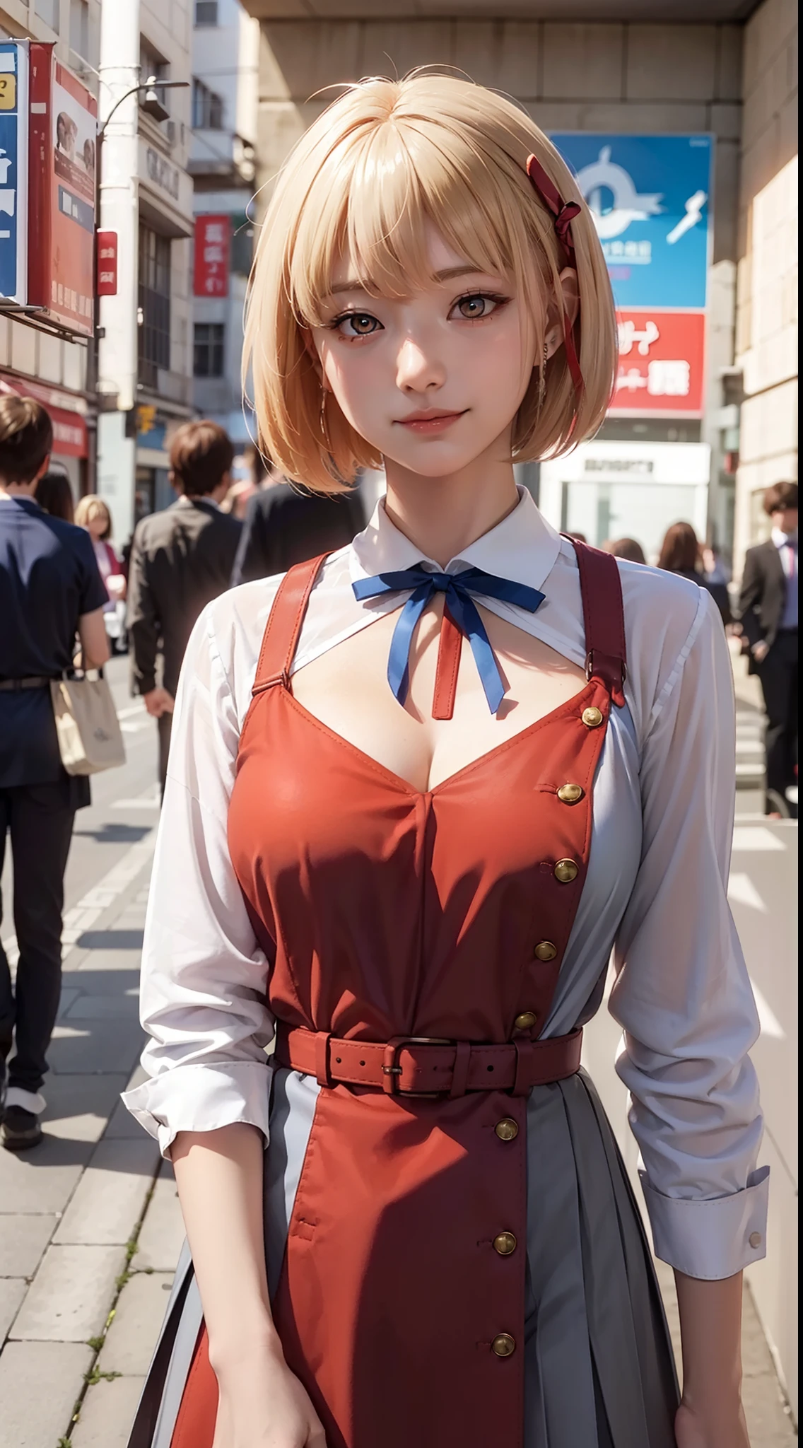 chisatonishikigi, nishikigi chisato, short hair, bangs, blonde hair, (red eyes:1.5), hair band, one side up, bob cut, BREAK shirt, long sleeve, dress, ribbon, white shirt, collared shirt, belt, neck ribbon, red dress, blue ribbon, pleated dress, gray dress, two color dress, red belt, lycoris uniform, (large breast ), BREAK outdoors, city, BREAK looks at the viewer, BREAK (masterpiece:1.2), best quality, high resolution, unity 8k wallpaper, (illustration:0.8), (beautiful detailed eyes:1.6), very detailed face, perfect lighting, very detailed CG, ( perfect hands, perfect anatomy), (close up:1.2), smile