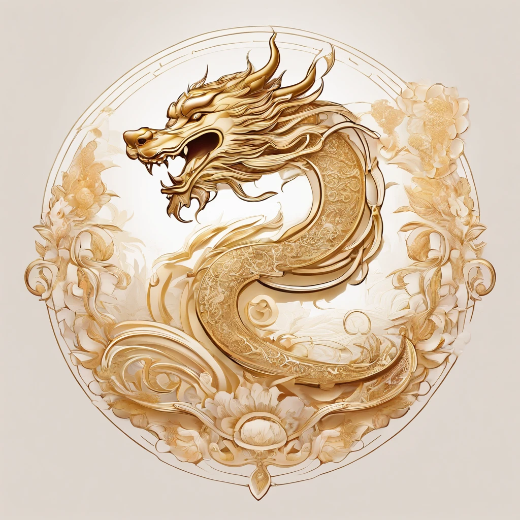 A logo、​masterpiece、(white backgrounid:1)、Golden Chinese dragon surrounded by white clouds、Deities々Halo、the wind、Deities、long wavy body、tusk、The upper part of the body、Fantasia、myth、hightquality、ighly detailed、​masterpiece、epic poem、Particle effect、Dynamic effects