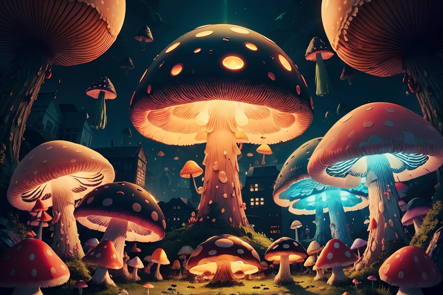 army of colorful mushrooms,(mushrooms: have eyes, open mouth, fang, angry), invade a city, hallucination, bioluminescence
