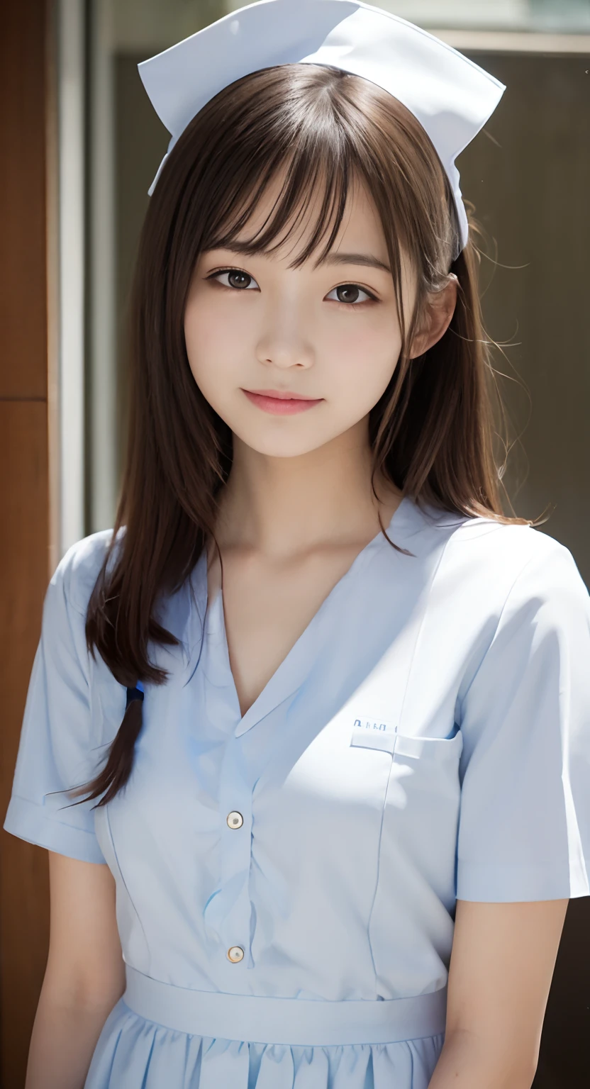 ((highest quality、Masterpiece、High resolution))、(((Zoom photo of upper body)))、(A shy smile:1.2)、One 15-year-old female、Beautiful Skin、Beautiful Eyes、Large Breasts、Nurse uniform、Black Hair、Trimmed bangs、Semi-long hair